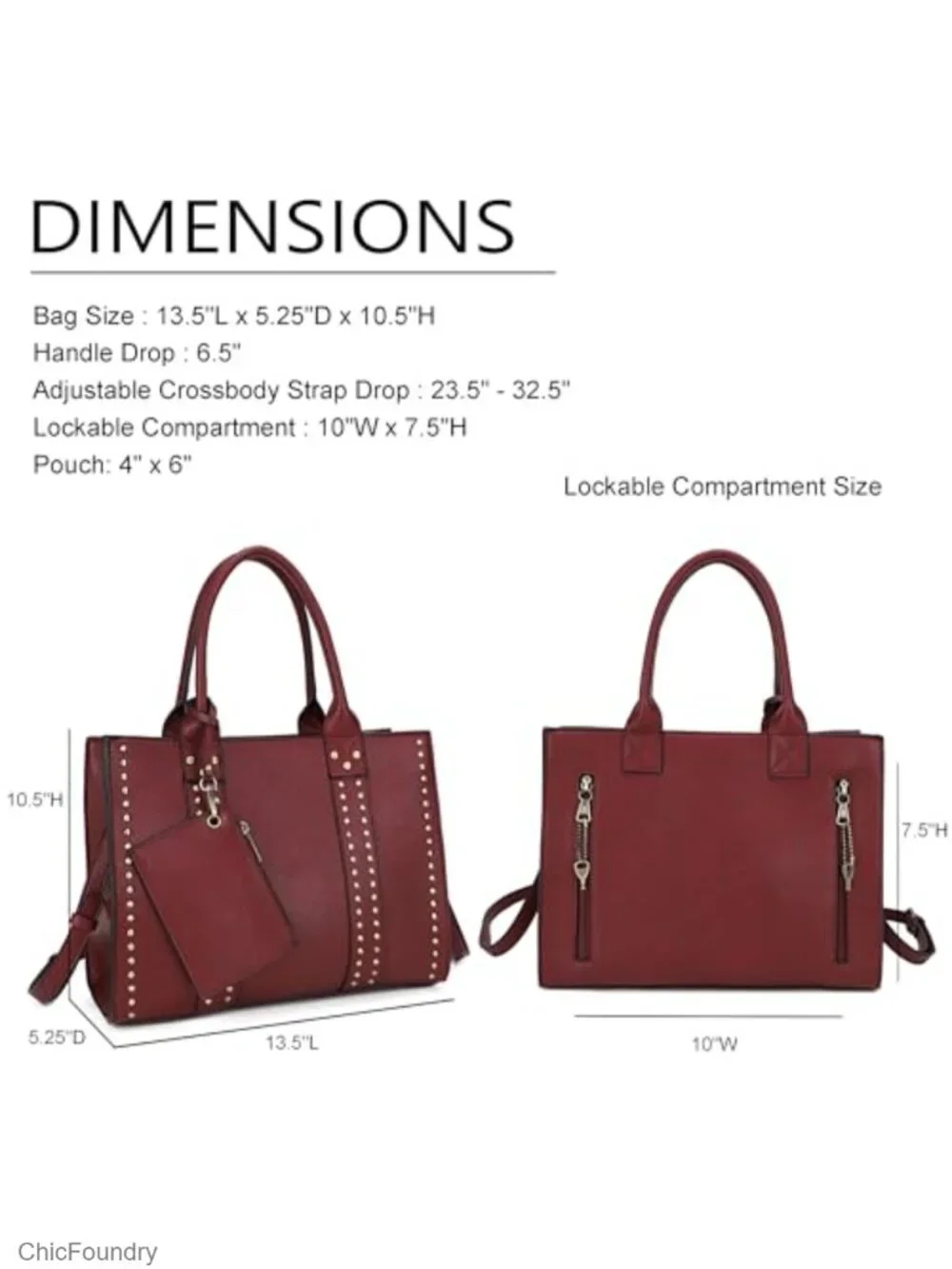 Vegan PU Leather Satchel Tote Handbag with Stud Accents Crossbody
